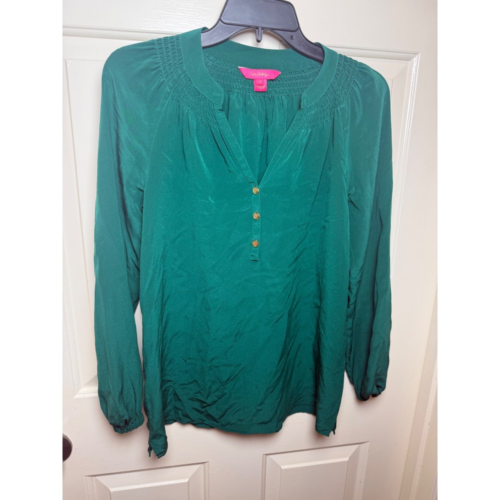 Lilly Pulitzer Elsa Silk Top Emerald Green Smocked Blouse XS
